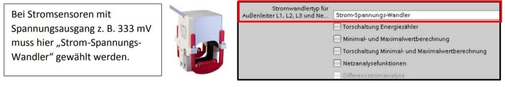 Abbildung: Durch Auswahl der Rogowskispule  als Stromwandlertyp wird der interne Integrator aktiviert